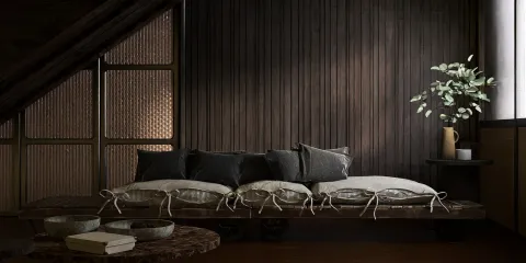 cozy wooden bench with cushions styled in a modern minimalist design, showcasing a warm and inviting atmosphere, featuring Homestyler's real-time 3D rendering function for accurate design visualization.
