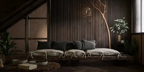 cozy seating area with a wooden sofa adorned with cushions in a rustic style featuring natural materials, enhancing interior decor using Homestyler's real-time 3D rendering feature.