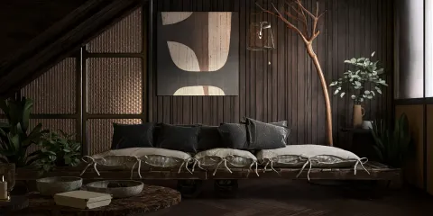 cozy seating area featuring a stylish wooden couch with cushions, designed in a modern rustic style, perfect for relaxing in a contemporary living room; showcases Homestyler's real-time 3D rendering feature for a realistic preview.