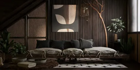 A modern lounge area featuring a minimalist wooden sofa adorned with plush cushions, styled in a contemporary aesthetic. The space showcases the use of Homestyler's real-time 3D rendering to visualize interior designs effectively.