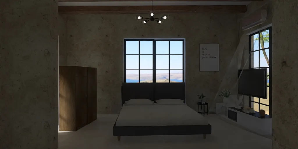 a bedroom with a bed, a desk and a window 
