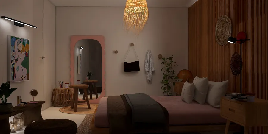 a bedroom with a bed, a chair, and a lamp 
