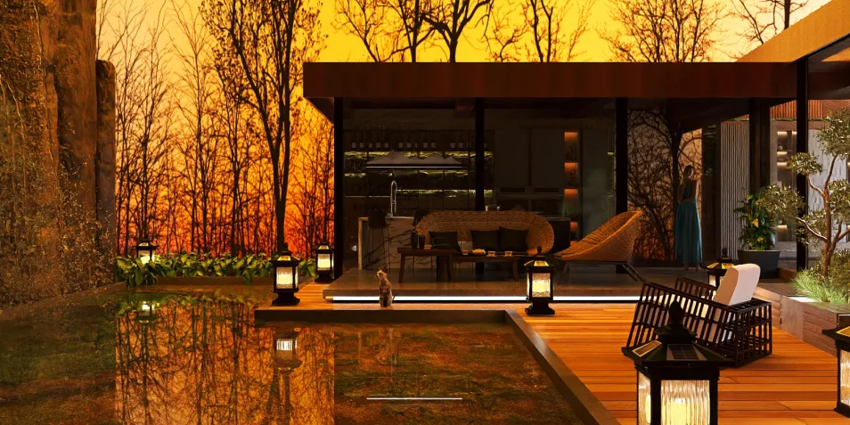 modern outdoor patio design embracing nature with sunset view, featuring serene ambiance and efficient space utilization, enhanced by Homestyler's real-time 3D rendering capabilities.