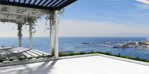 ocean view terrace design featuring an open space with lush greenery and a pergola, showcasing a contemporary coastal style; incorporates Homestyler's real-time 3D rendering for visualizing outdoor layouts.
