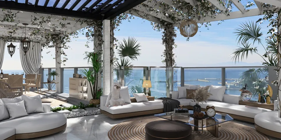 outdoor living area with comfortable seating arrangements enhancing relaxation by the sea in a modern tropical style perfect for interior design inspiration utilizing Homestyler's real-time 3D rendering feature.