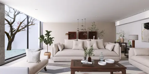 a modern living room featuring plush sofas and a wooden coffee table with decor items, designed using smart furniture layout for space optimization, showcasing the Homestyler's real-time 3D rendering feature.