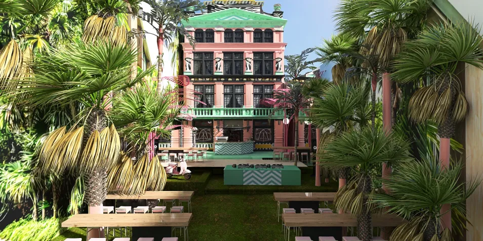 vibrant garden with palm trees surrounding a classic pink mansion, showcasing an outdoor seating arrangement in a tropical style, highlighting the concept of outdoor interior design using Homestyler's real-time 3D rendering feature.