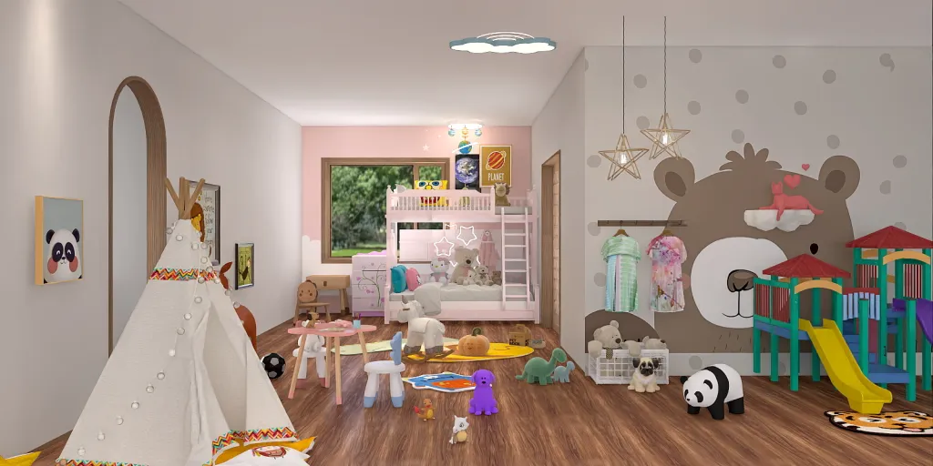 a room with a table, chairs, and a toy floor 