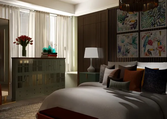 Calming bold color pallet bedroom Design Rendering