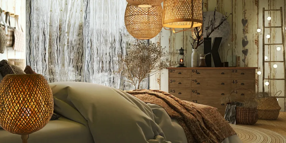 bedroom with warm lighting and woven decor showcasing a cozy bohemian style using Homestyler's 3D rendering for interior design visualization