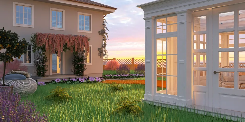 garden landscape with a modern greenhouse showcasing outdoor living design, emphasizing relaxation and beauty in the backyard, featuring Homestyler's 3D rendering capabilities for realistic previews.