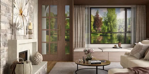living room with large windows showcasing outdoor scenery, featuring modern furniture arrangement in a natural style, designed using Homestyler's real-time 3D rendering for enhanced visual preview