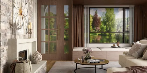 Modern living room design featuring a cozy fireplace and a large window showcasing natural scenery, utilizing Homestyler's real-time 3D rendering for a quick visual preview.