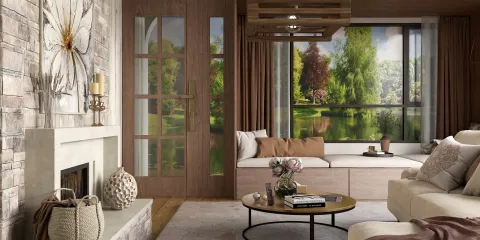 cozy living room with a stone fireplace and large windows showcasing a scenic view, featuring smart furniture arrangement for space optimization, styled in contemporary decor, highlighting Homestyler's real-time 3D rendering capability.