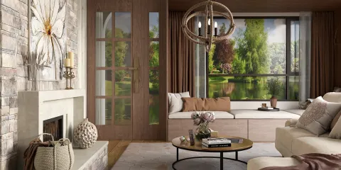 cozy living room with stone wall and large windows showcasing lush greenery, featuring contemporary furniture arrangement and warm lighting, incorporating Homestyler's real-time 3D rendering for quick design previews