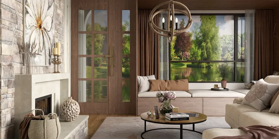 cozy living room with stone wall and large windows showcasing lush greenery, featuring contemporary furniture arrangement and warm lighting, incorporating Homestyler's real-time 3D rendering for quick design previews