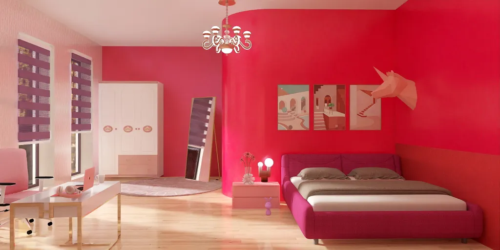 a red and white room with a red couch and a red wall 