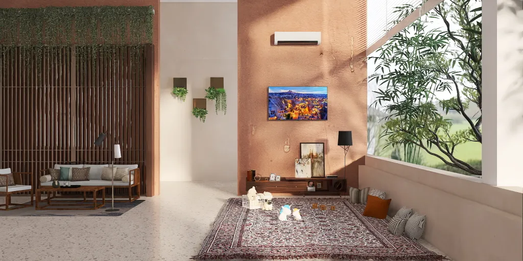 a living room with a large window and a large painting 