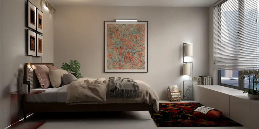 a bed with a painting on the wall 