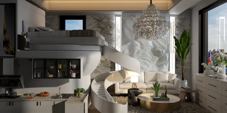 modern living room featuring a spiral staircase and elegant chandelier, showcasing a luxurious and spacious interior design using Homestyler's real-time 3D rendering feature for effective proposal display.