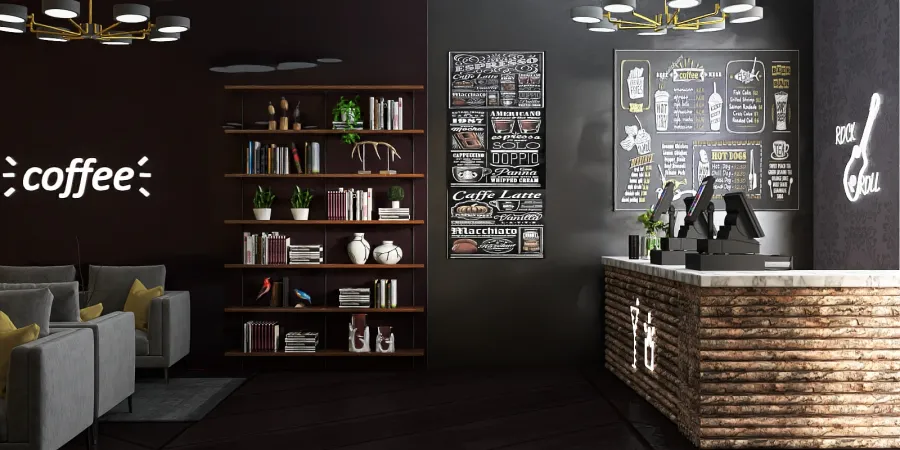 a room with a shelf of books and a wall with a clock 