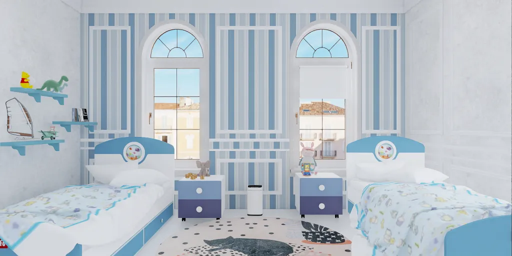 a bedroom with a blue and white bed and a blue and white bedspread 