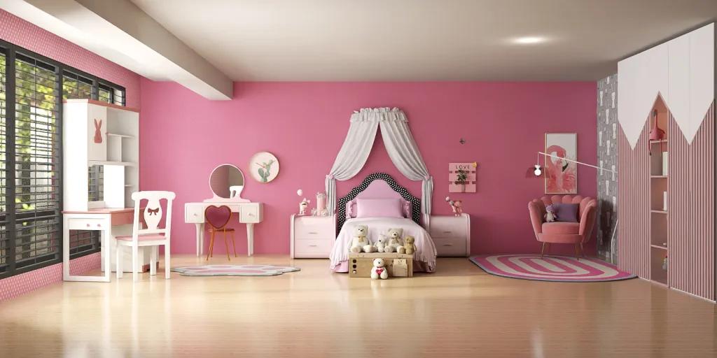 a small bedroom with a pink bed and a pink dresser 