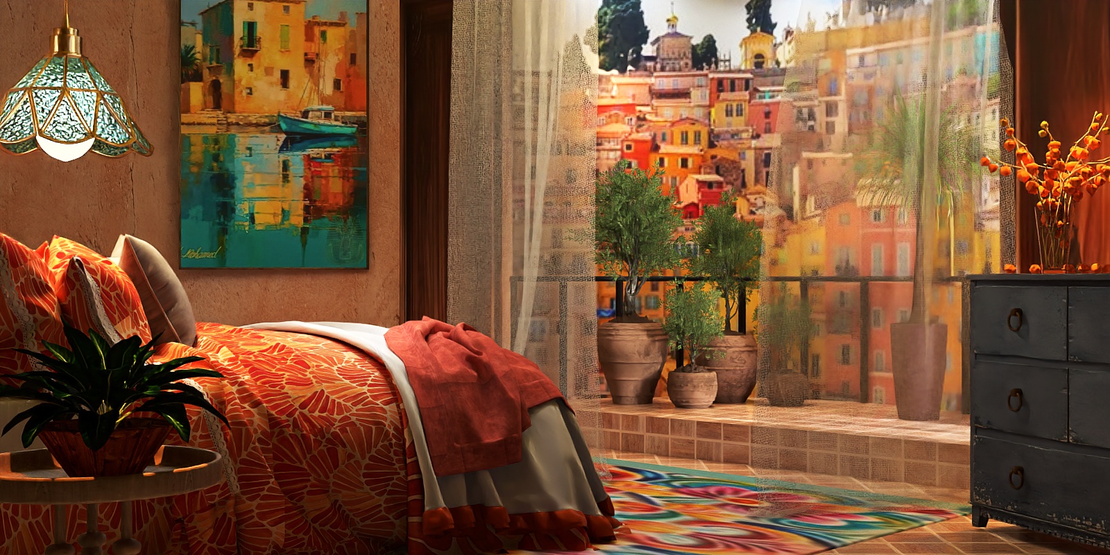 Latin bedroom with balcony