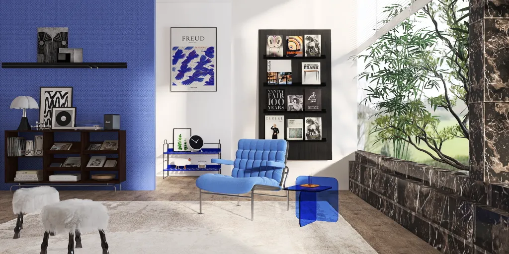 a living room with a couch, a chair, and a painting 