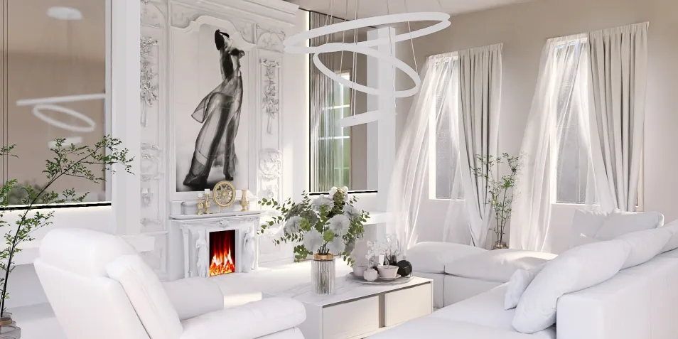 living room with modern white furniture featuring elegant decor, showcasing a minimalist style to enhance spaciousness, utilizing Homestyler's real-time 3D rendering for design preview.