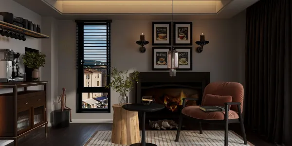 cozy living room design featuring a stylish armchair and modern table in a contemporary style, showcasing interior decor with a focus on realistic 3D rendering using Homestyler's rendering feature.