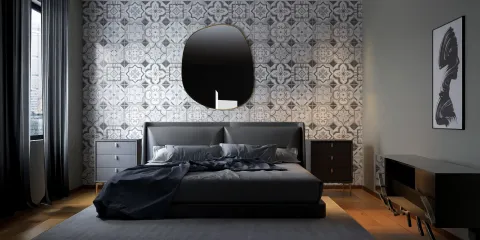 modern bedroom with elegant design showcasing a black bed and patterned wallpaper using Homestyler's real-time 3D rendering feature for interior decor visualization.