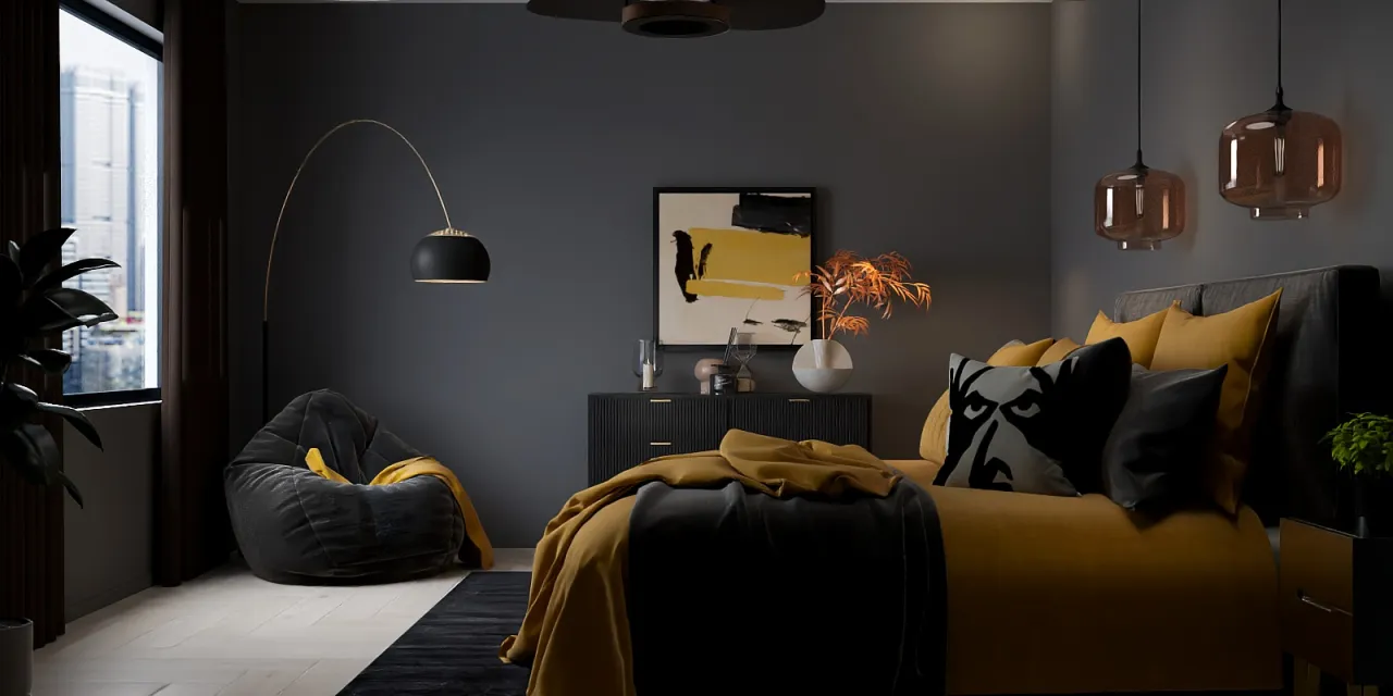 a living room with a couch, lamp, and a television 