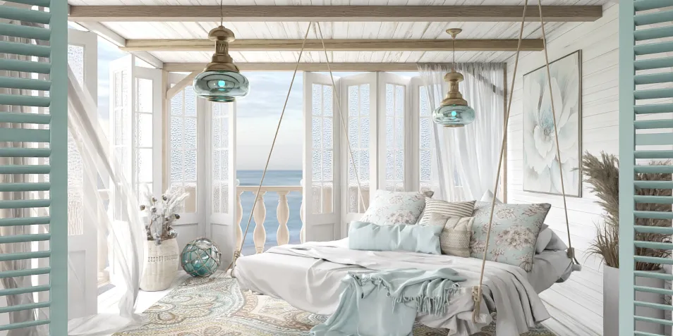 cozy bedroom with a suspended bed enhancing coastal relaxation in a modern bohemian style, showcasing Homestyler's real-time 3D rendering feature for quick design previews.