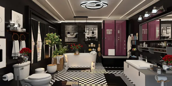 Luxurious black and white bathroom featuring a freestanding bathtub and modern shower, designed using Homestyler's real-time 3D rendering for a stylish interior decor preview.