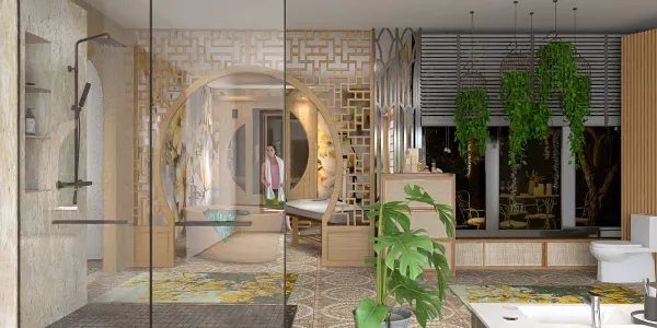 modern bathroom design featuring a glass-enclosed shower and elegant décor with indoor plants, showcasing Homestyler's real-time 3D rendering for a realistic preview of interior design.