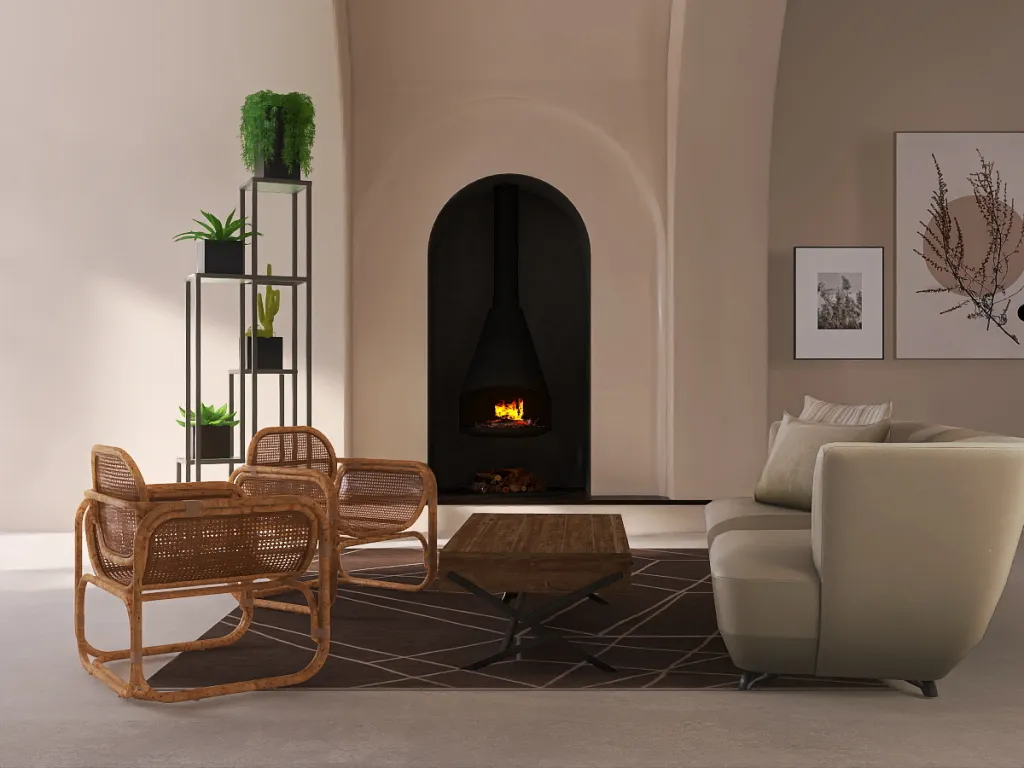 a living room with a fireplace and a chair 