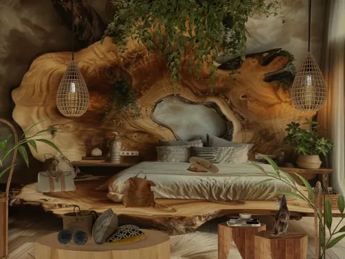 bedroom with wooden accent wall featuring organic shapes and plants, showcasing a biophilic design approach; perfect for interior decor enthusiasts interested in creating a serene environment with Homestyler's real-time 3D rendering feature.