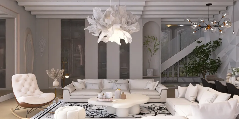modern living room design featuring a cozy sofa arrangement and artistic lighting, showcasing a minimalist style and spacious layout optimized using Homestyler's real-time 3D rendering feature.