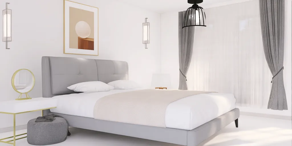 a bed with a white bedspread and a lamp 