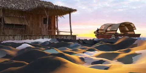 bamboo house on water with boat design view in natural style showcasing tropical indoor decor using Homestyler's real-time 3D rendering feature