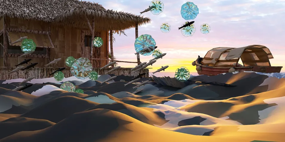 3D beach house with floating bubbles and fish swimming in sunset ocean scene, showcasing immersive design experience with Homestyler's real-time 3D rendering feature.