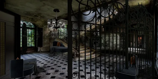 gothic interior design showcasing an intricately detailed staircase and ornate railings, enhancing the dramatic ambiance of an entryway using Homestyler's real-time 3D rendering feature.