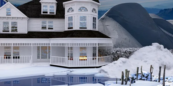 snowy house exterior with winter landscape design showcasing white architecture and scenic mountains, featuring Homestyler's real-time 3D rendering for an immersive outdoor visualization.