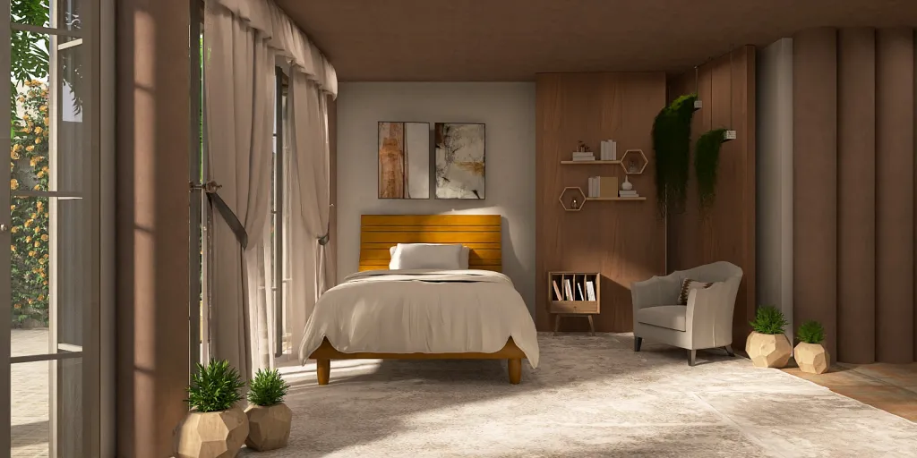 a bedroom with a bed, chair, and a table 
