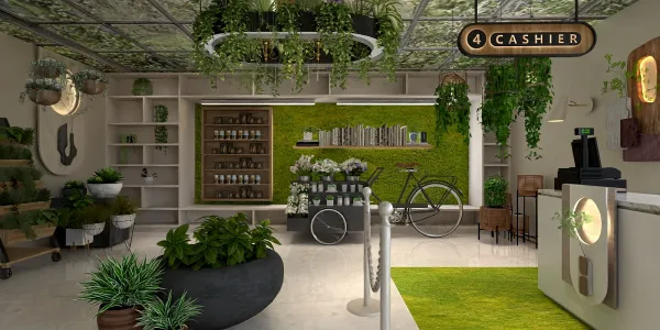 greenery-filled retail space featuring a cashier area and decorative plants, showcasing a modern biophilic design style, highlighting interior design aesthetics with Homestyler's real-time 3D rendering capability.