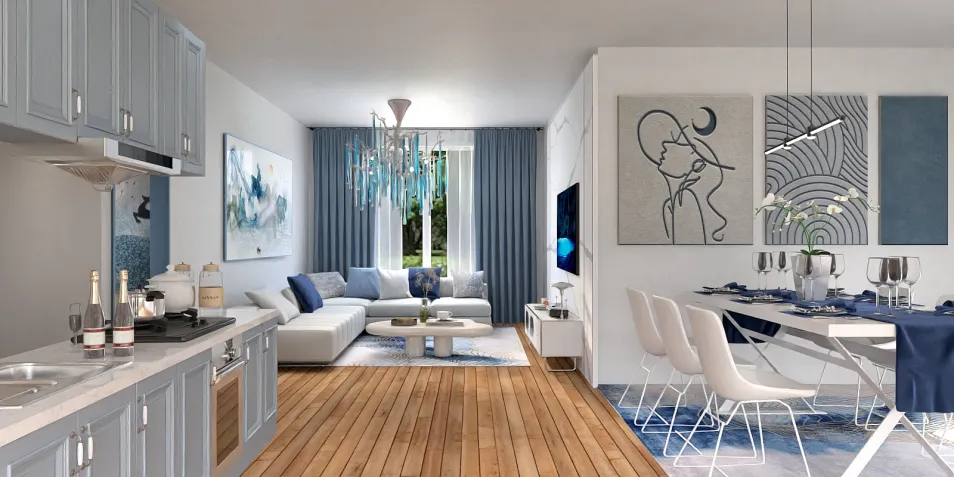 Modern living room with open kitchen design featuring blue accents and wooden flooring, showcasing a stylish interior decor style; highlights Homestyler's real-time 3D rendering capability.