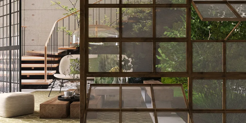 a cozy indoor garden area with a glass partition separating it from living space featuring modern wooden furniture and plants, designed using Homestyler's real-time 3D rendering for interior decor optimization.
