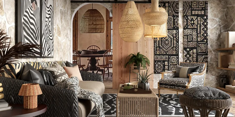 Stylish living room featuring bold patterned textiles and woven decor, showcasing an eclectic bohemian style, ideal for maximizing comfort and aesthetic appeal while using Homestyler's real-time 3D rendering feature.