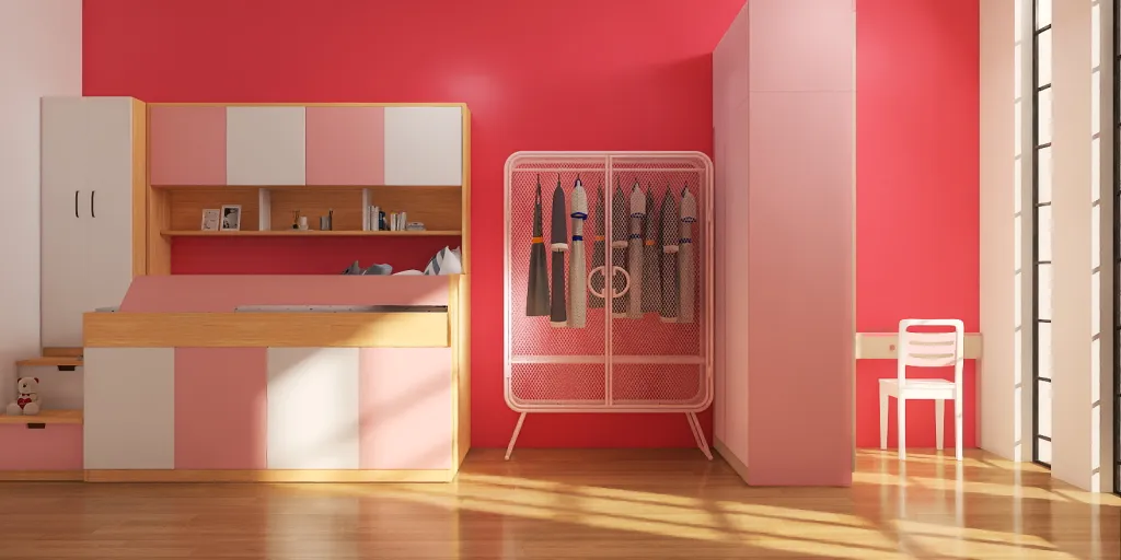 a small room with a refrigerator and a bed 